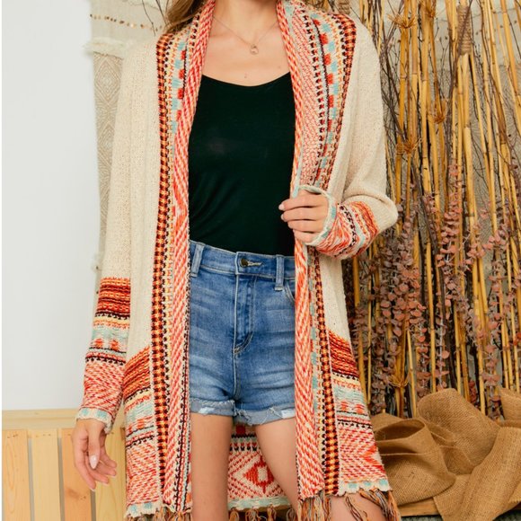 www.citrusandjune.com Sweaters - Tess Tribal Print Knit Cardigan with Fringe